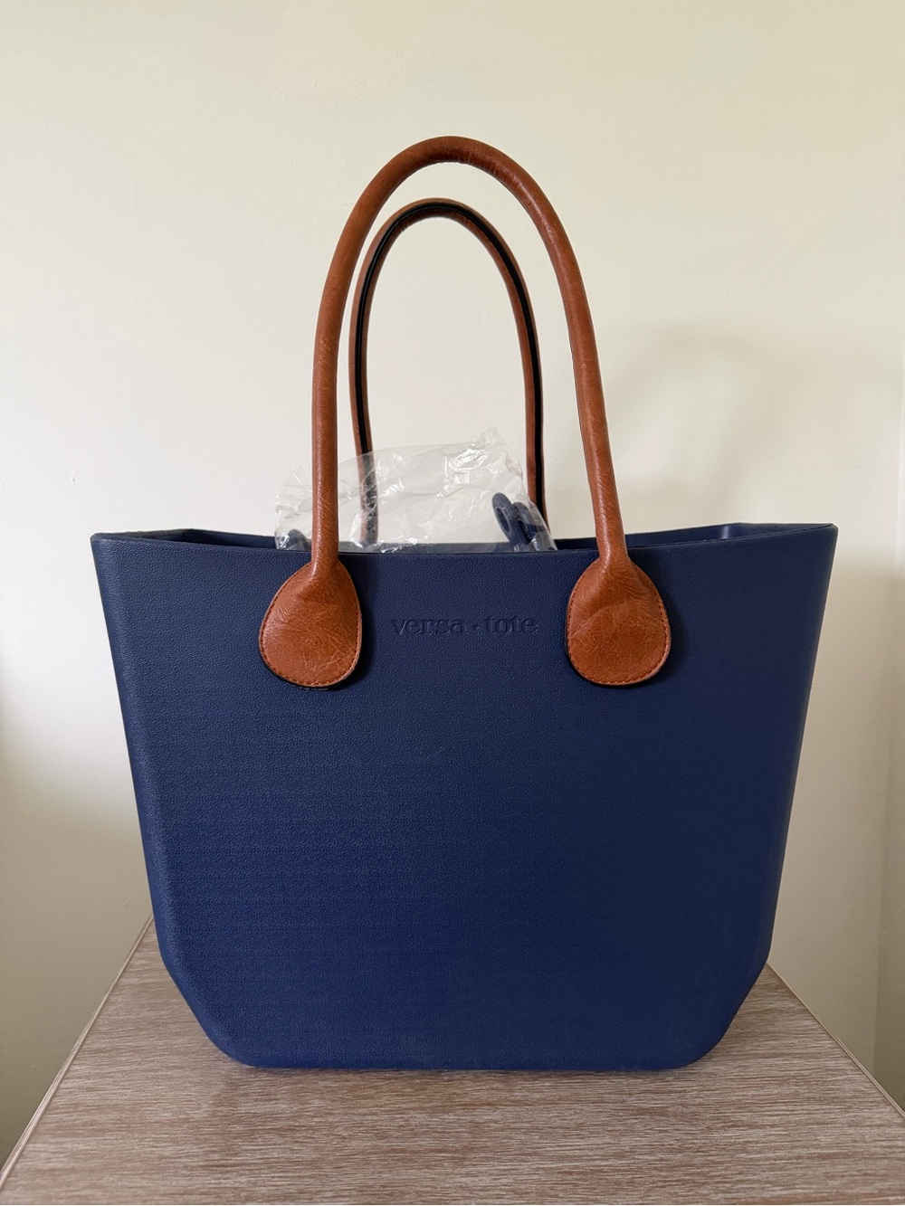 Versa Tote Navy with Brown Vegan Leather Handles